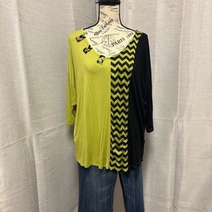 Inside Out Blouse 3/4 Sleeve flowing Green & Black Sz L, oversized